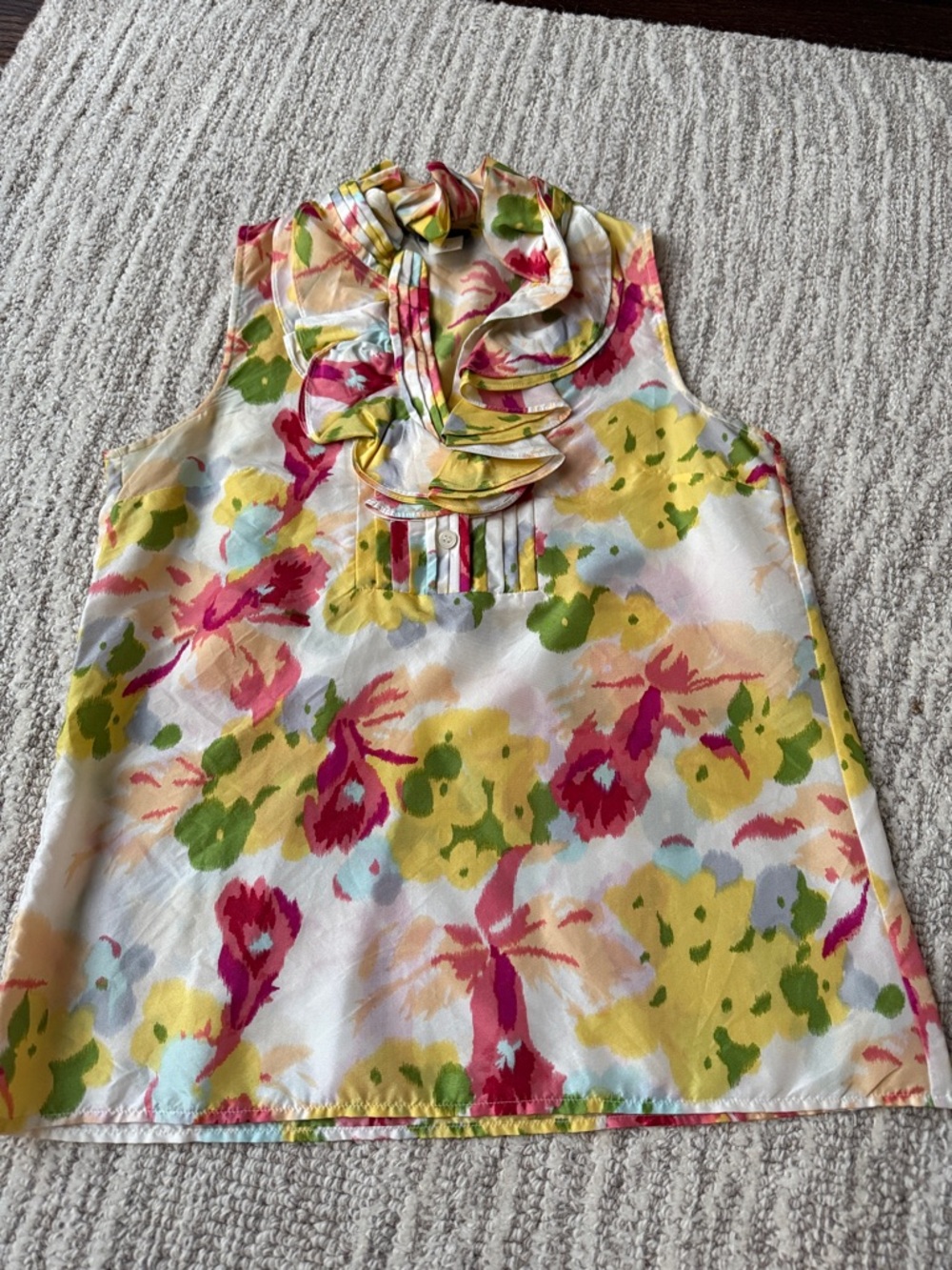 J. Crew Silk Floral Ruffle Blouse - Yellow Green Pink